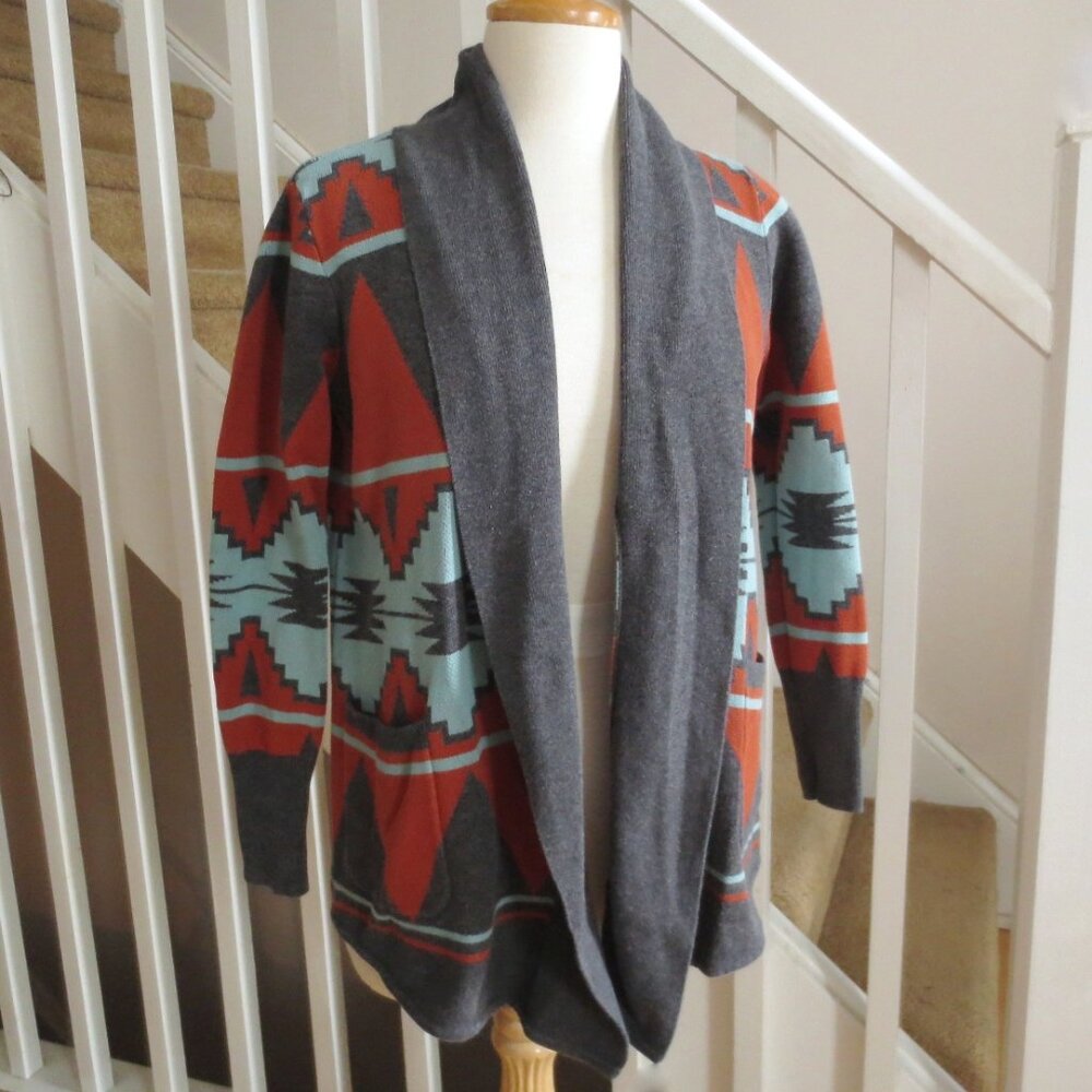 Quiksilver Cotton Shawl Cardigan Campground Intarsia Geometric Grey Orange Aztec